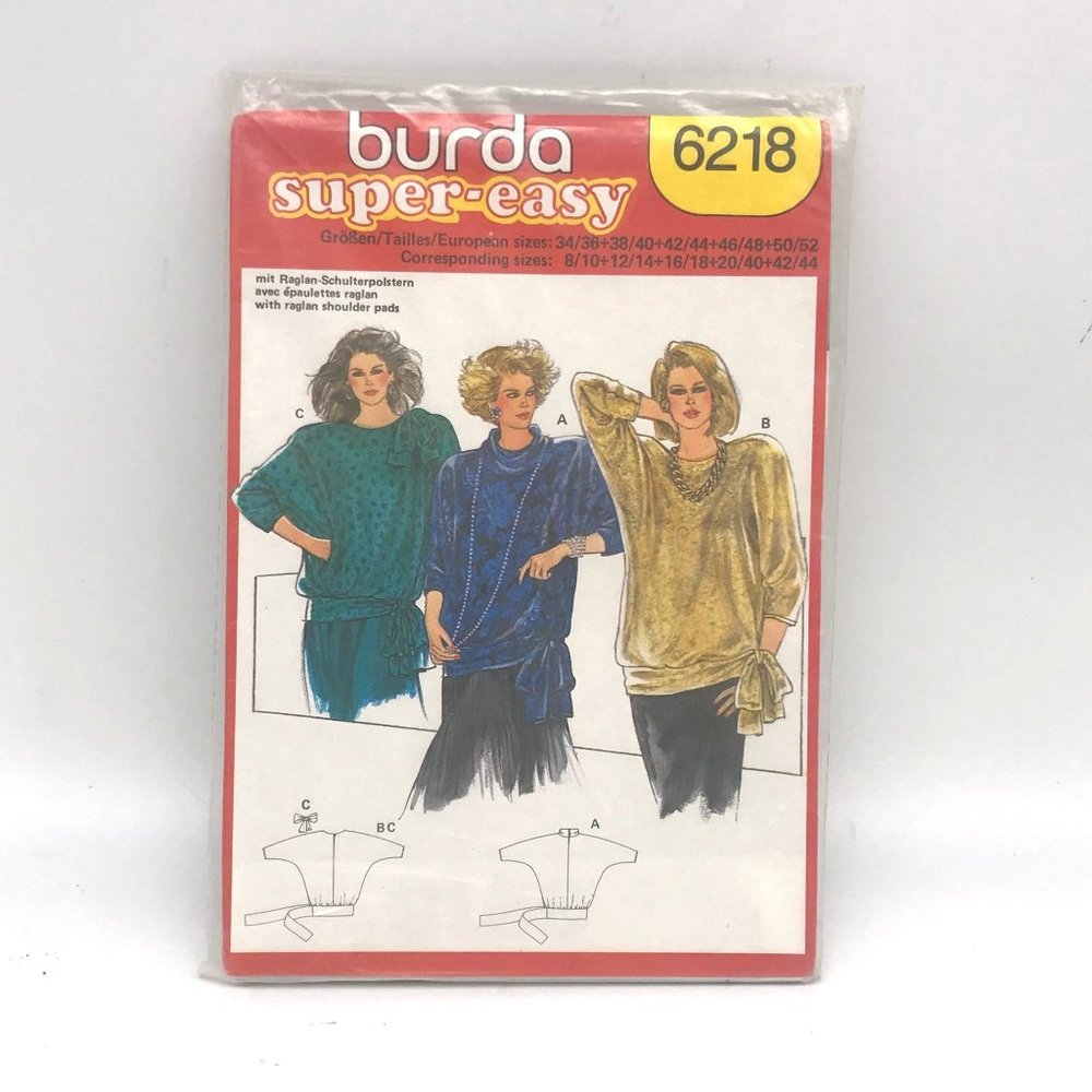 UNCUT Vintage Sewing PATTERN Burda 6218, Super Easy 1980s Misses Blouse